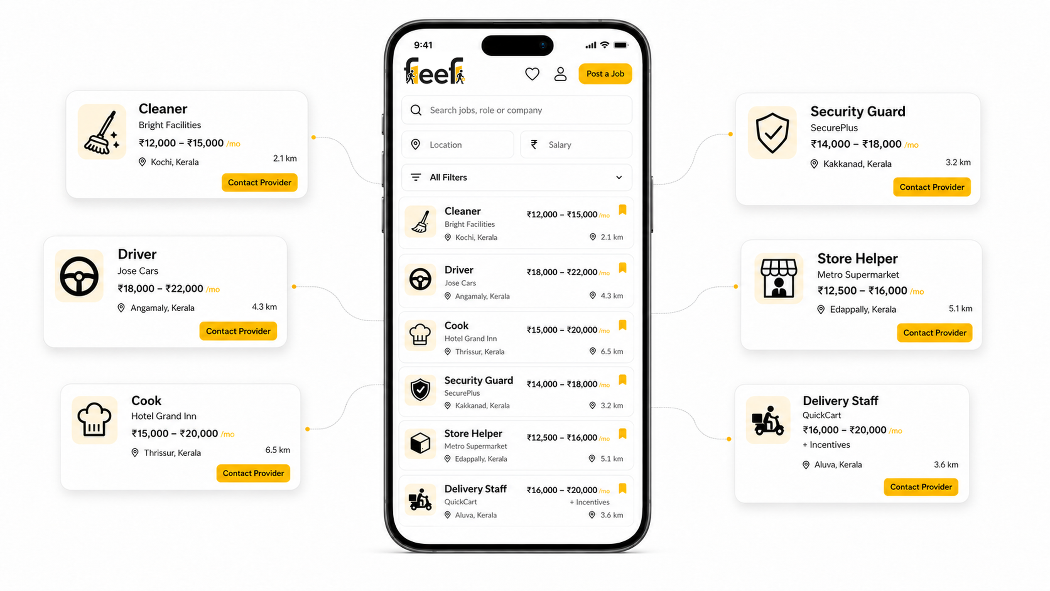 feef app UI with connected job cards around mobile preview